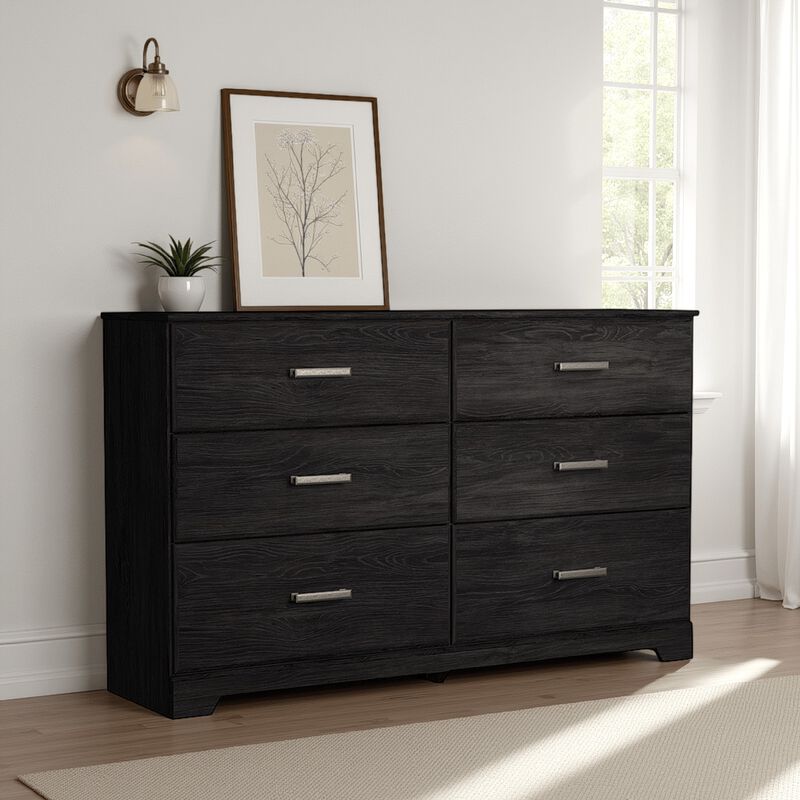 Cyme 60 In Wide Dresser, 6 Drawer, Modern Dark Charcoal Brown Laminate - Benzara