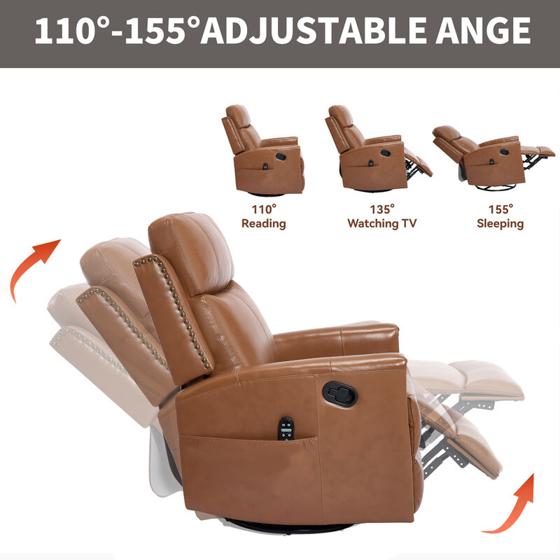 Genuine Leather Heat Massage Manual Recliner Chair with Rocker and Swivel for Living Room image number 7