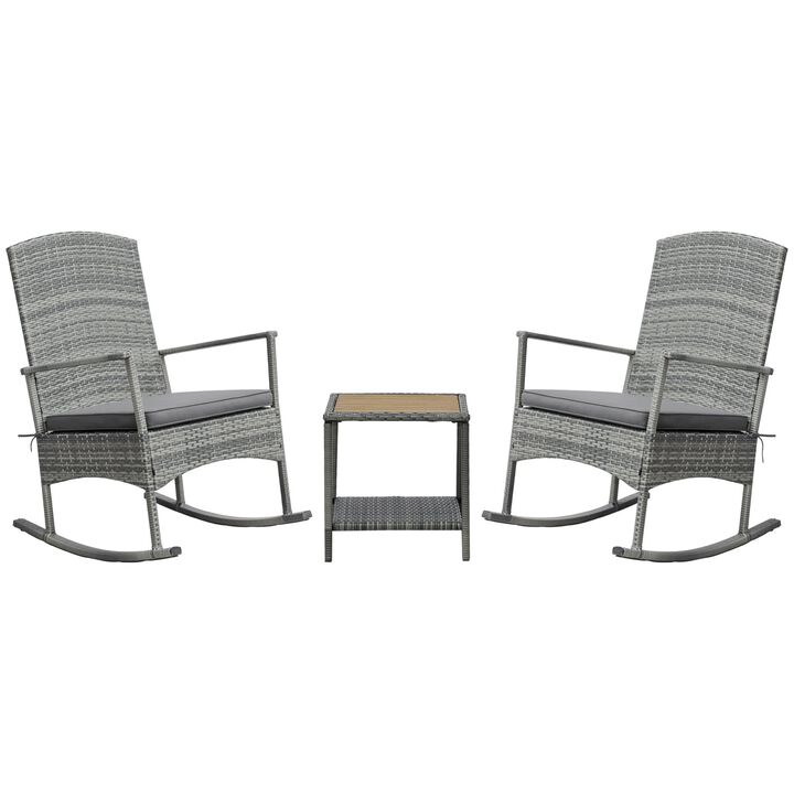 3 Pieces Outdoor PE Rattan Rocking Chair Set, Patio Wicker Recliner Rocker Chair with Soft Cushion & Coffee Table, for Porch, Grey