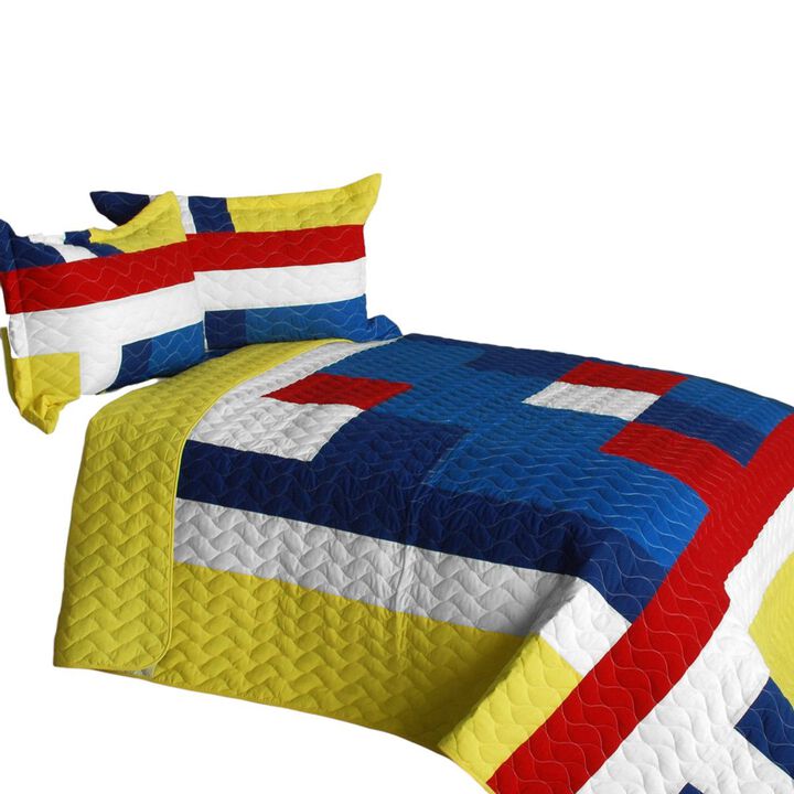 Vermicelli Quilted Patchwork Geometric Quilt Set Full Bedding