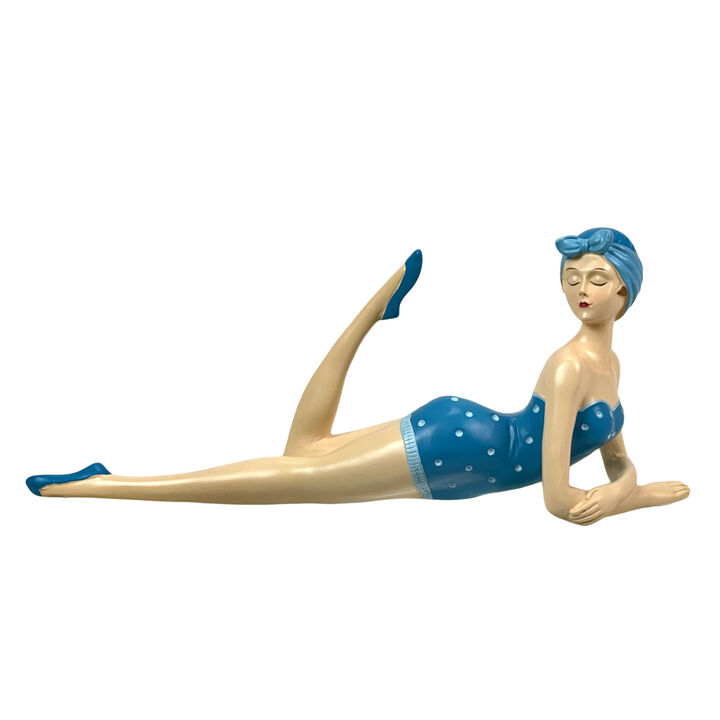 Retro Beach Beauty Sunbathing Figurine Aegean Blue Polka Dot 13.25 inch