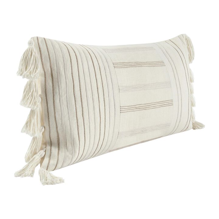 Pini Lumbar Throw Pillow, Boho Striped Design, 14x26 Inch Beige Linen - Benzara