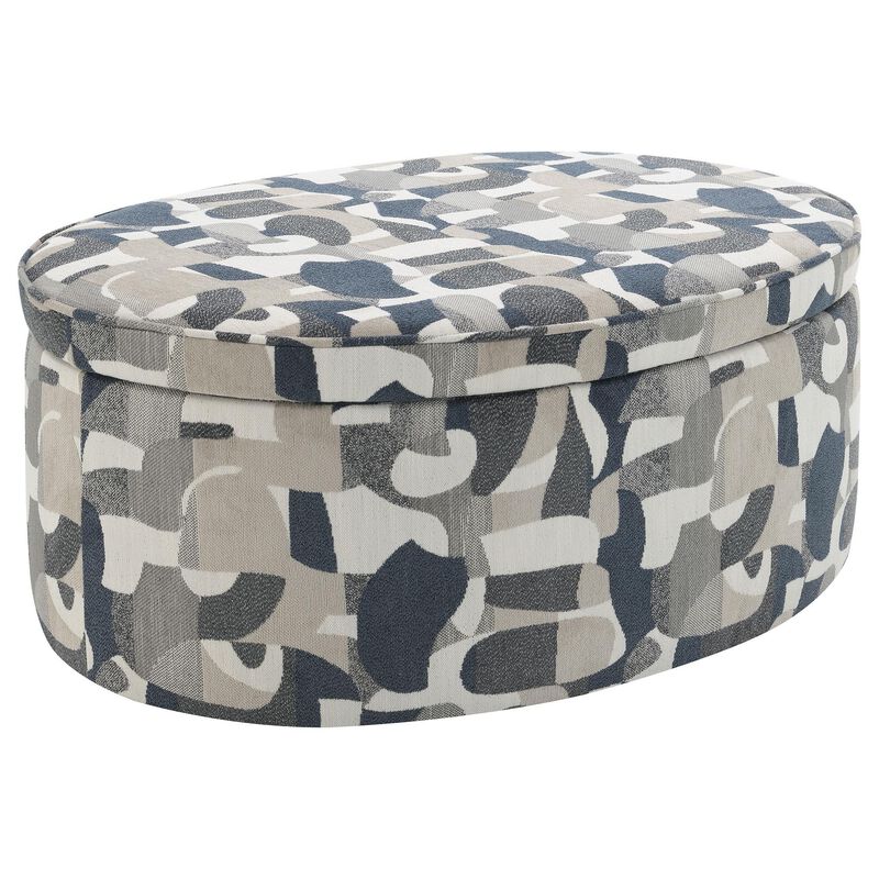 Kito Oval Accent Ottoman, 39 Inch, Hidden Storage, Patterned Fabric - Benzara