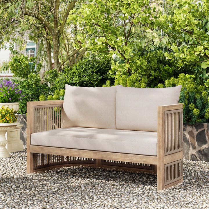 Christopher Knight Home Remy 54" Outdoor Acacia Wood Upholstered Loveseat with Curved Rope Weave Back