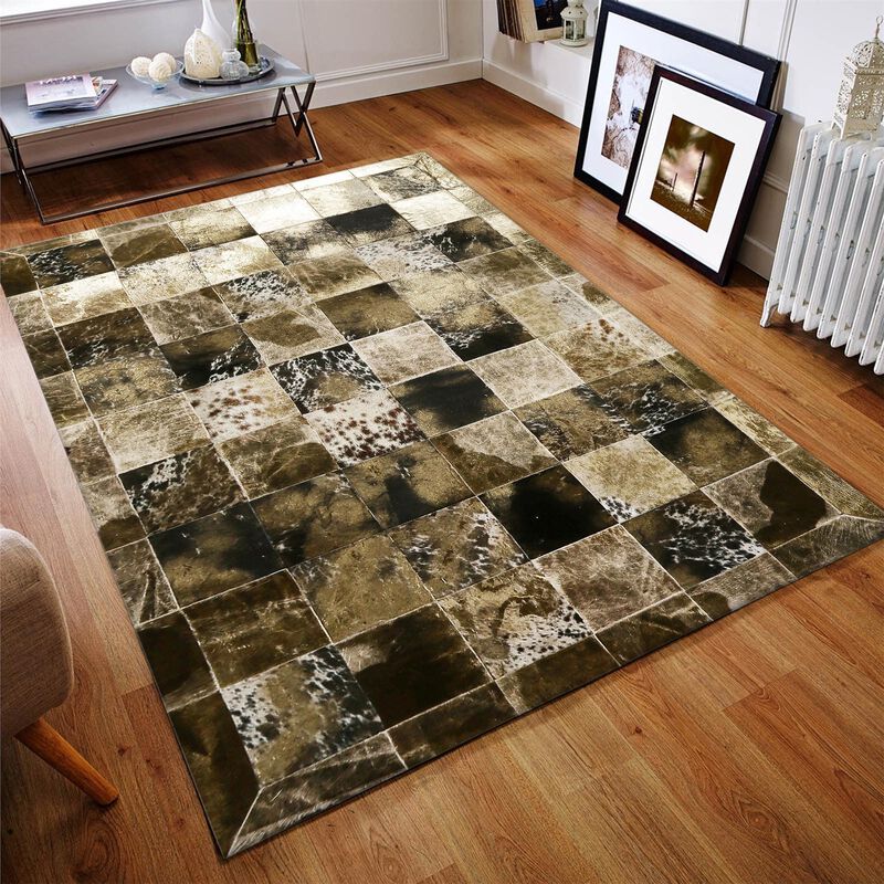 Genuine Cowhide with Gold Leaf Patchwork Area Rug image number 1