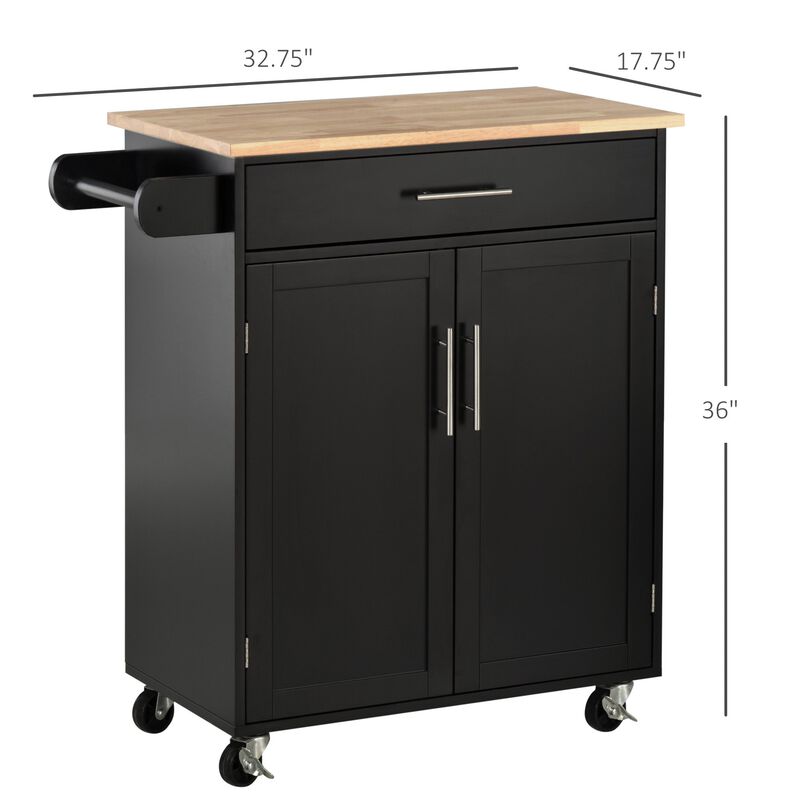 Black Kitchen Trolley: Portable Storage with Rubberwood Top