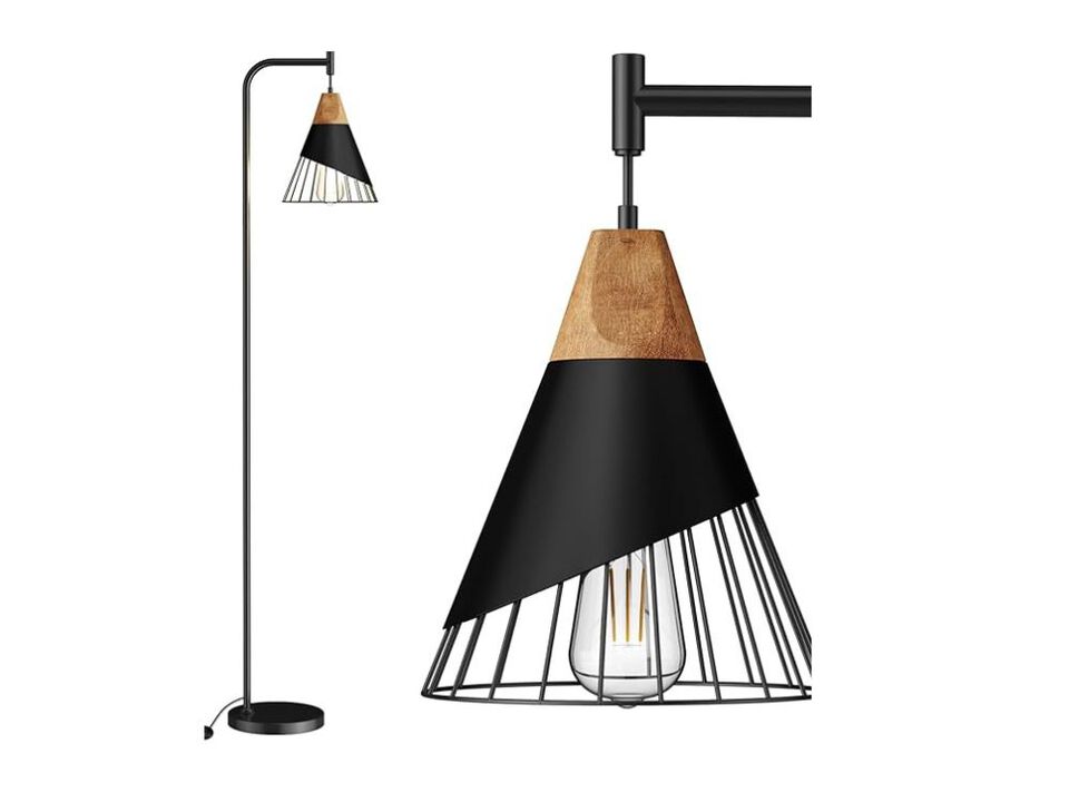 Industrial Floor Lamp – 67" Tall, Wood & Black Metal Shade, 2700K LED