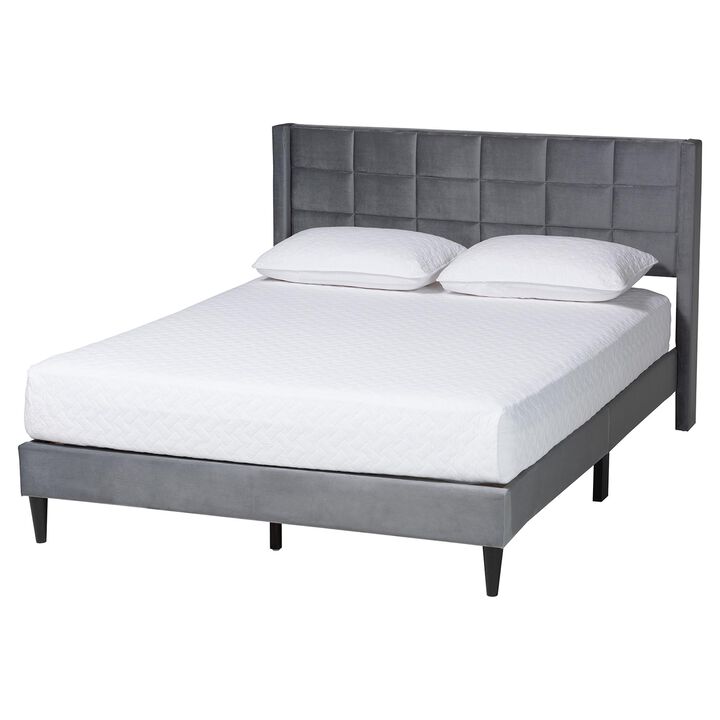 Baxton Studio Payne Modern Glam Navy Blue Velvet and Dark Brown Wood Queen Bed
