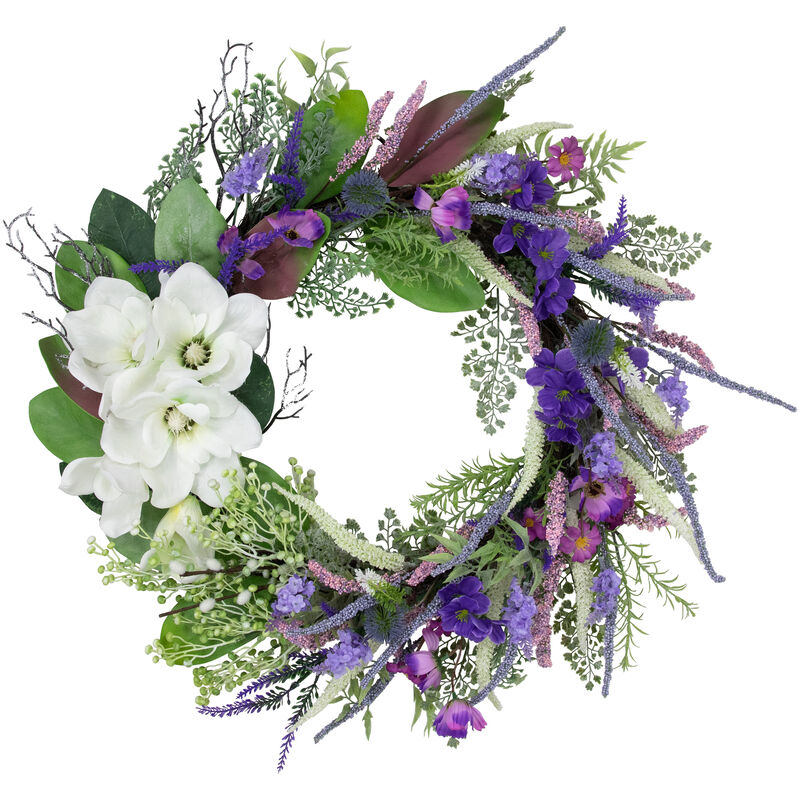 Mixed Wildflowers and Magnolias Artificial Spring Wreath  24-Inch image number 0