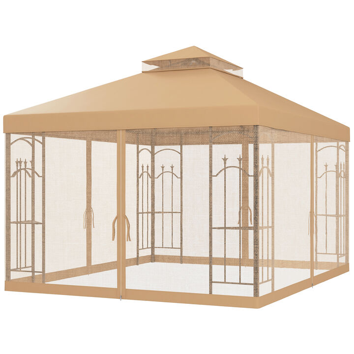 Outsunny 10' x 12' Patio Gazebo with Corner Frame Shelves, Double Roof Outdoor Gazebo Canopy Shelter with Netting, for Patio, Wedding, Catering & Events, Brown