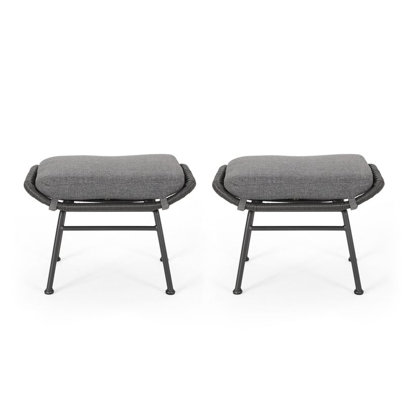 Margo Outdoor Ottoman Set of 2, 24 Inch Black Iron, Gray Cushion - Benzara
