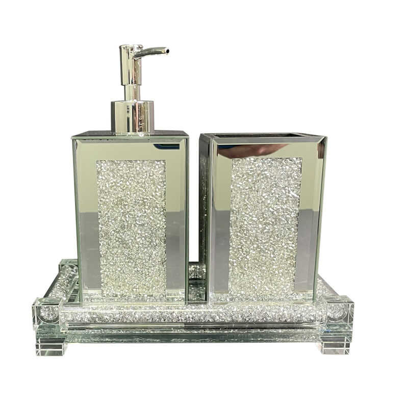 Exquisite 3 Piece Square Soap Dispenser and Toothbrush Holder with Tray