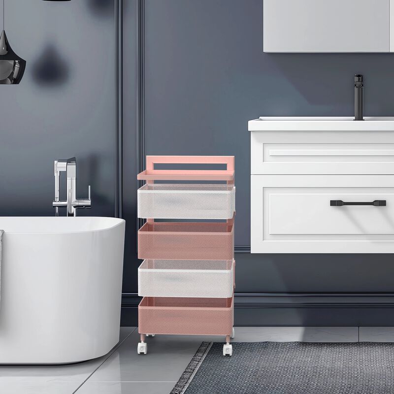 Mega Casa Rotating Kitchen Storage Rack with Handle, Fruit Vegetable Storage Shelf, Rolling Storage Cart, Multifunctional Household Shelf for Bedroom, Bathroom, Living Room(4-Tier Square)