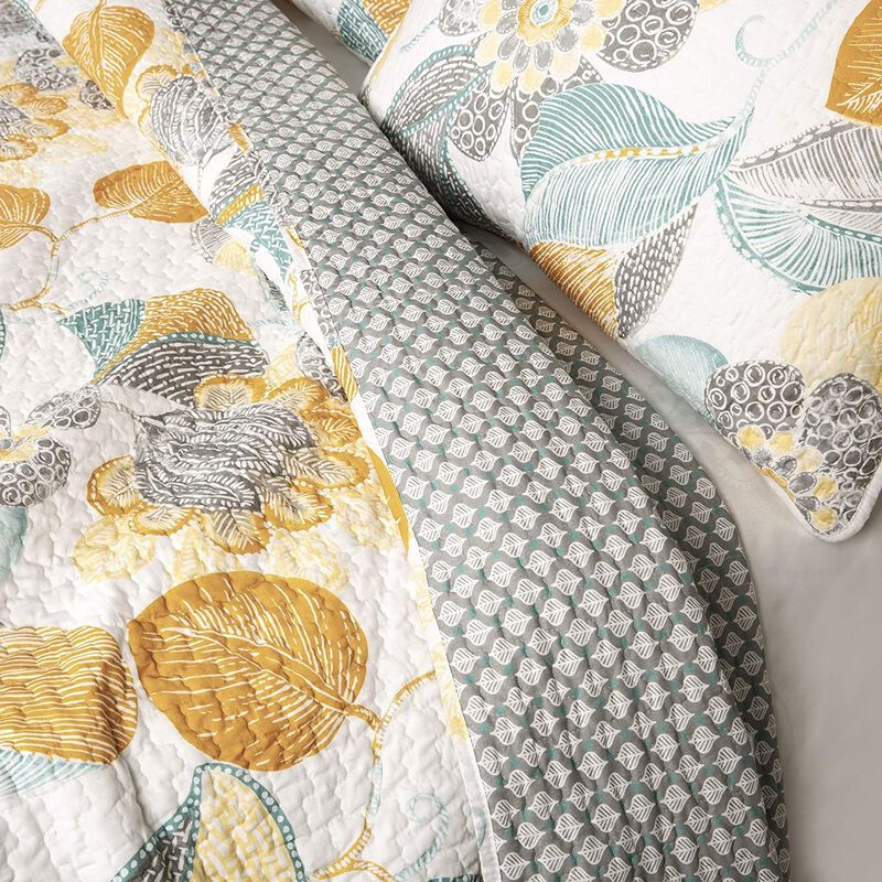 QuikFurn Full/Queen 3 Piece Reversible Yellow Grey Teal Floral Leaves Cotton Quilt Set