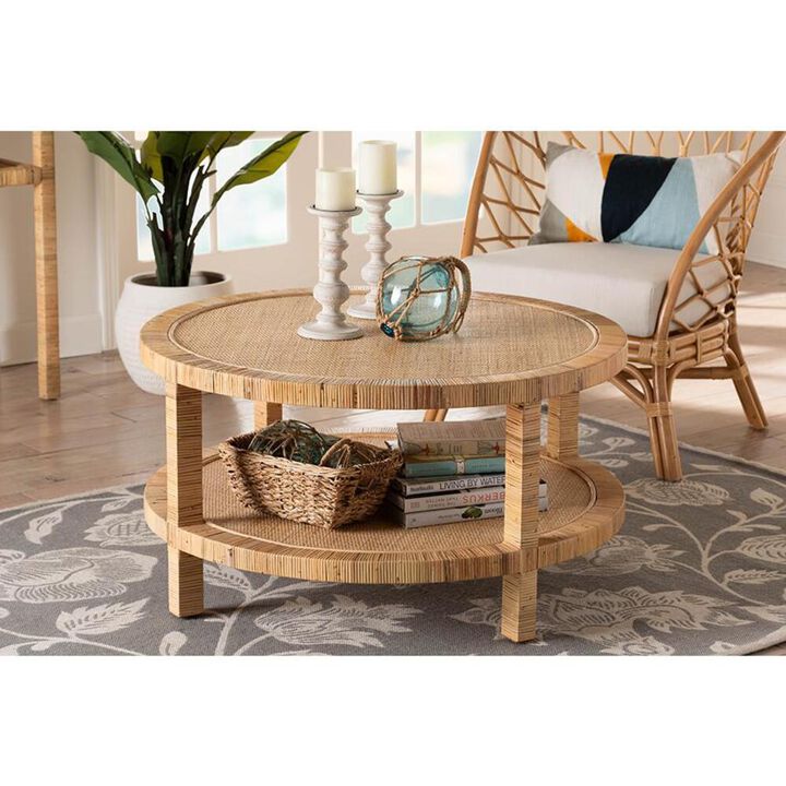bali & pari Kalimantan Bohemian Light Honey Rattan and Mahogany Wood Coffee Table