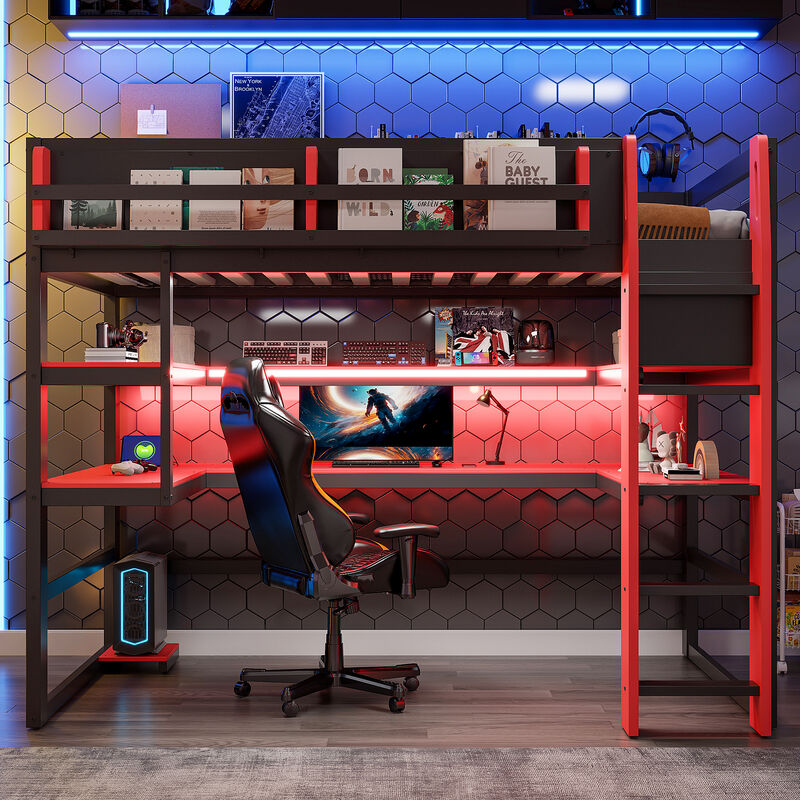Merax Gaming Wood Loft Bed with RGB LED, USB Ports & Storage Rack image number 1