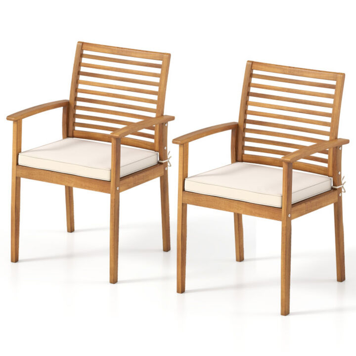Set of 2 Outdoor Patio Dining Chairs with Padded Cushion and Slatted Backrest-Natural