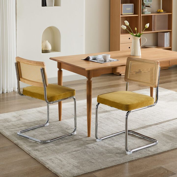 Whisen 2-Piece Mid Century Dining Chairs, Velvet Upholstered with Cane Back & Chrome Base, Cantilever Design for Kitchen