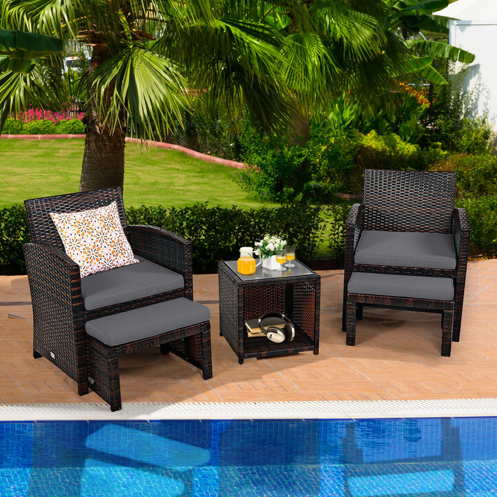 5 Pieces Patio Rattan Furniture Set with Ottoman and Tempered Glass Coffee Table