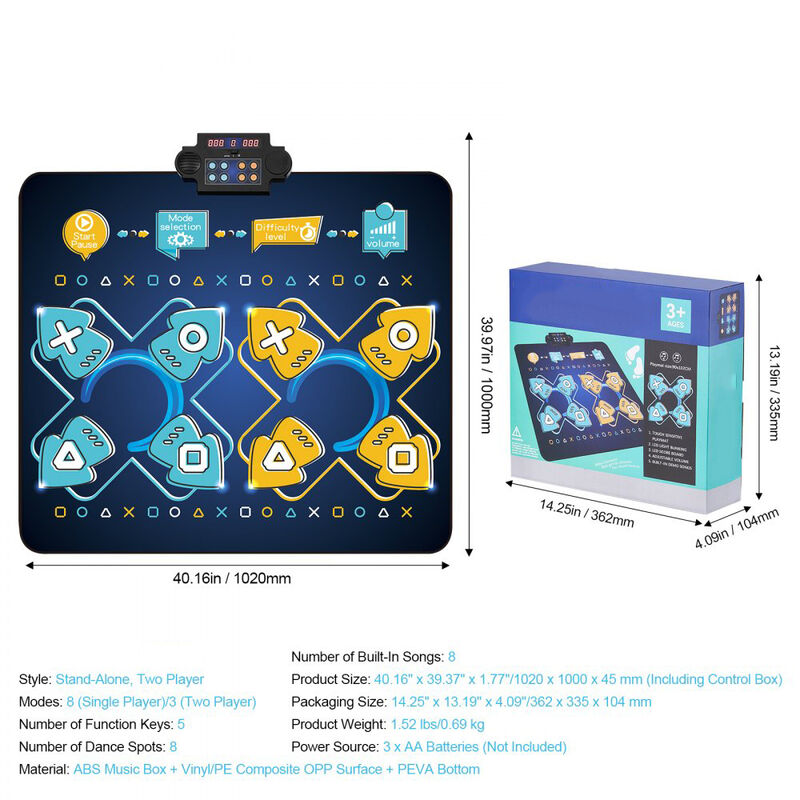 Musical Dance Play Mat for Kids, 8-Button Rhythm Dance Pad with Single & Two Player Modes-Blue image number 2