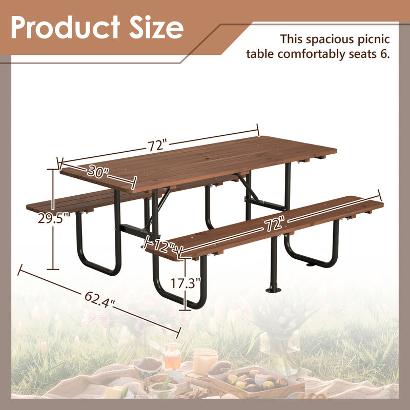 WOW PIONEER 72 Inch Rectangular 6-Person Outdoor Picnic Table with Built-in Benches, 1.97 Inch Umbrella Hole, Waterproof Corrosion Resistant image number 2
