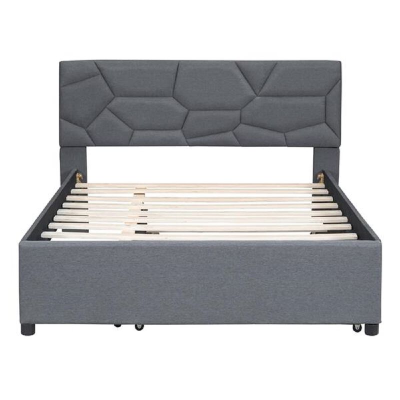 Upholstered Platform Bed with Brick Pattern Headboard and Twin Size Trundle