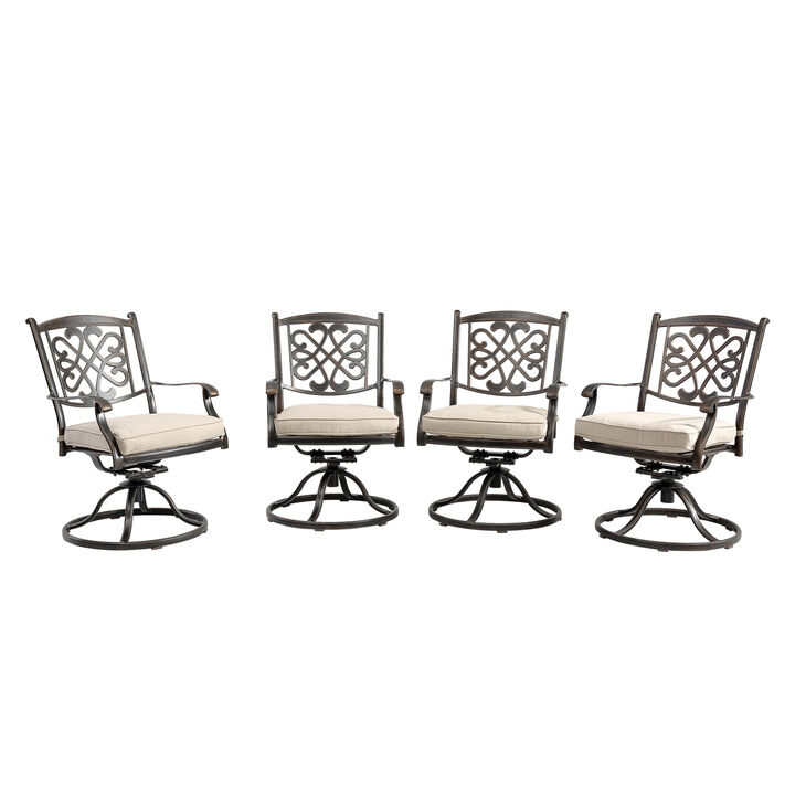 MONDAWE Charcoal Gray Cast Aluminum Outdoor Dining Arm Chairs with Flower Pattern Backrest (Set of 4), Beige