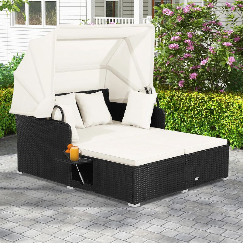 Mondawe Patio Rattan Daybed with Retractable Canopy and Side Tables