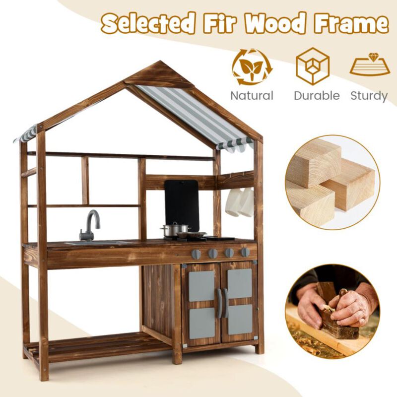 Hivvago Kid's Mud Kitchen Outdoor Solid Wood Mud Kitchen with Canopy