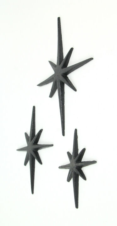 Set of 3 Black Cast Iron 8 Pointed Starburst Wall Hangings Mid Century Stars