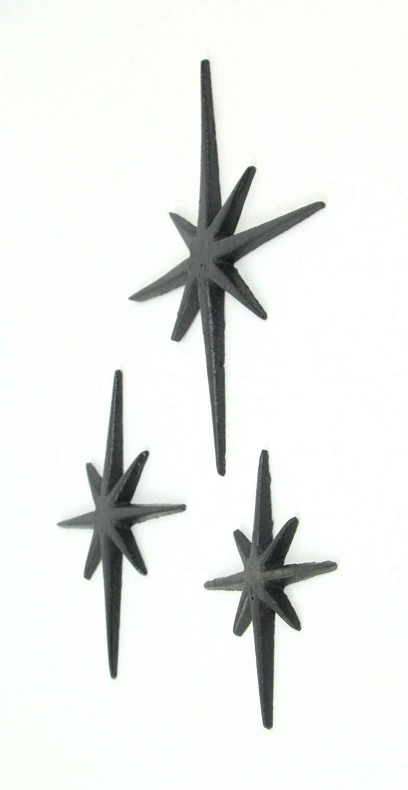 Set of 3 Black Cast Iron 8 Pointed Starburst Wall Hangings Mid Century Stars image number 1