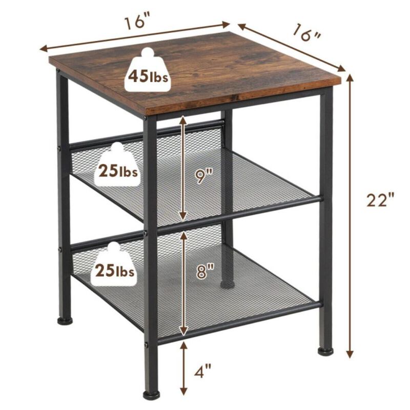 Hivvago 3-Tier Industrial End Table with Mesh Shelves and Adjustable Shelves