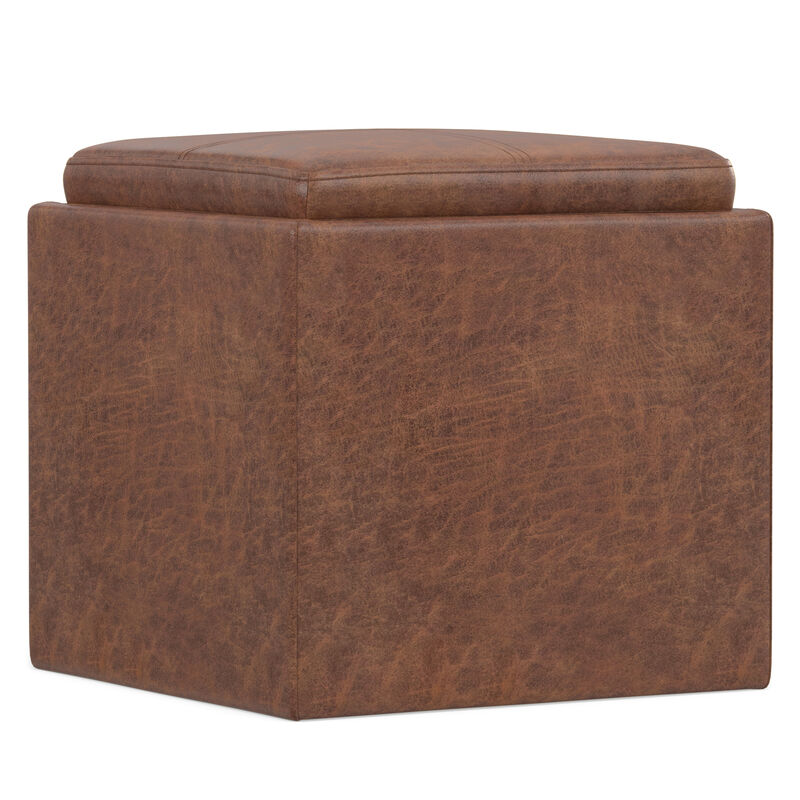 Rockwood 17 inch Wide Contemporary Square Cube Storage Ottoman with Tray in Distressed Saddle Brown Vegan Faux Leather, Assembled image number 5