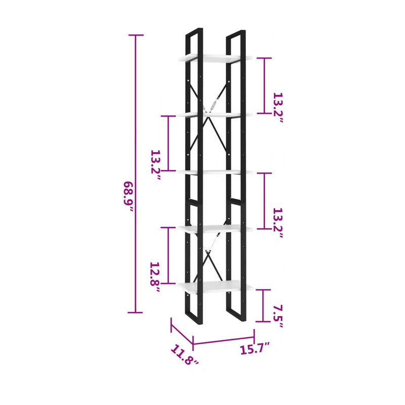 5 Tier Bookshelf Unit, Open White Wood Racks, 41 Inch Black Metal - Benzara