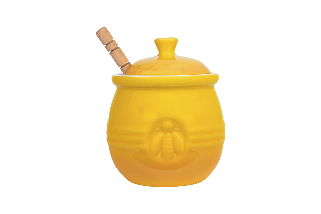 Farmhouse Embossed Stoneware Honey Pot with Wood Honey Dipper