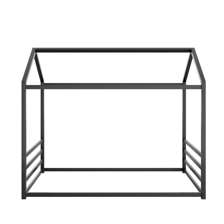 Merax Montessori Style Metal Floor Bed Frame, House Shaped Bed with Guardrails for Kids and Toddlers