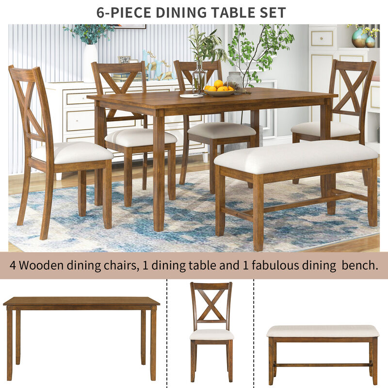 Merax 6-Piece Kitchen Dining Table Set Wooden Rectangular Dining Table, 4 Fabric Chairs and Bench Family Furniture