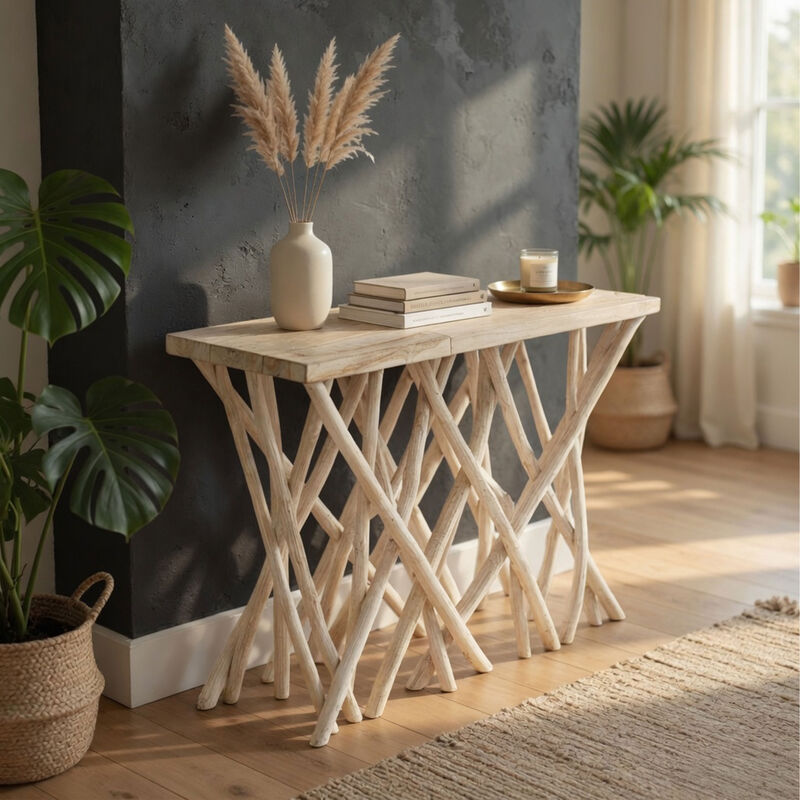 Kyra 47 Inch Sofa Console Table, Solid Teakwood Branch Legs, Whitewash Finish image number 6