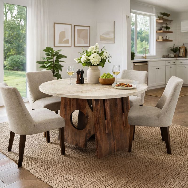Tara Dining Table , 48 Inch Round Botticino Italian White Marble Top , Walnut Brown Artisan Base image number 1