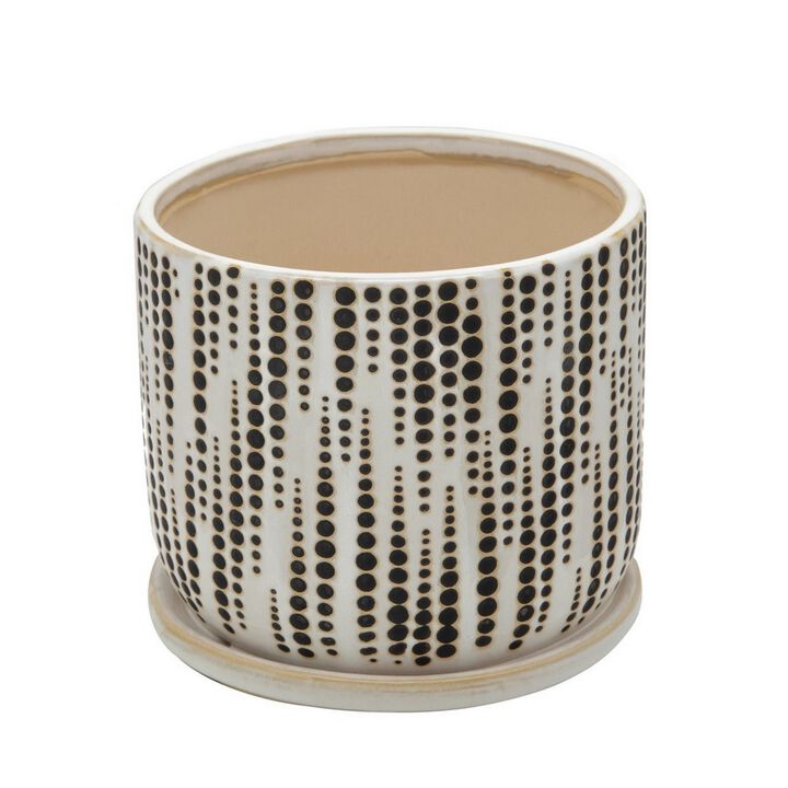 Ceramic Planter with Polka Dot Design and Saucer, Set of 2, Beige-Benzara