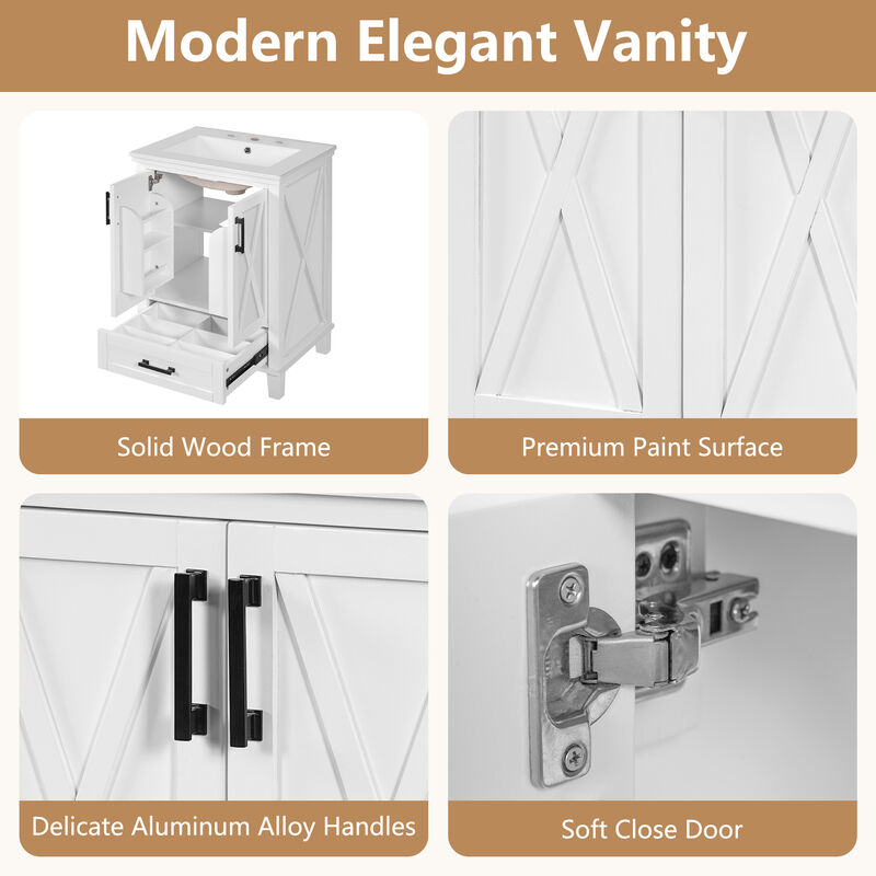 Whisen 24-inch Bathroom Vanity with Single Sink, Solid Wood Frame + MDF, 2 Soft-Close Doors, 1 Divided Drawer, Dual Storage Shelves