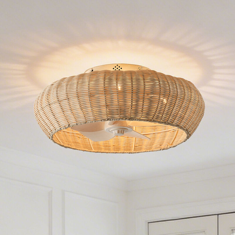 19.7" Bohemian Handwoven Rattan Caged Antique White Reversible Ceiling Fan with Light and Remote image number 1