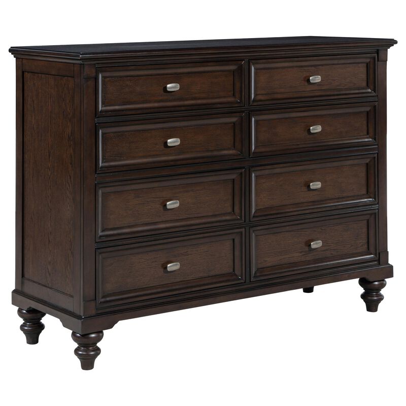Meon Wide Dresser w 8 Drawers, Carved Bun Feet, Dark Oak Brown Wood - Benzara