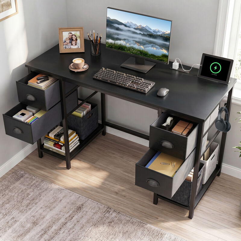 Home Office Computer Desk with Charging Station & 4 Fabric Drawers, Study Work Desk image number 5