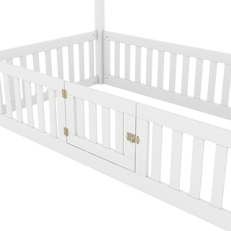 Merax Twin Size Wood House Bed with Fence and Door