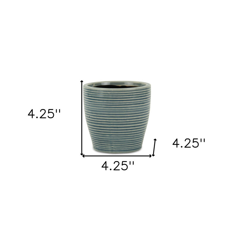 HomeRoots Blue Ceramic 22 Ounce Striped Round Distressed Pot Planter image number 4