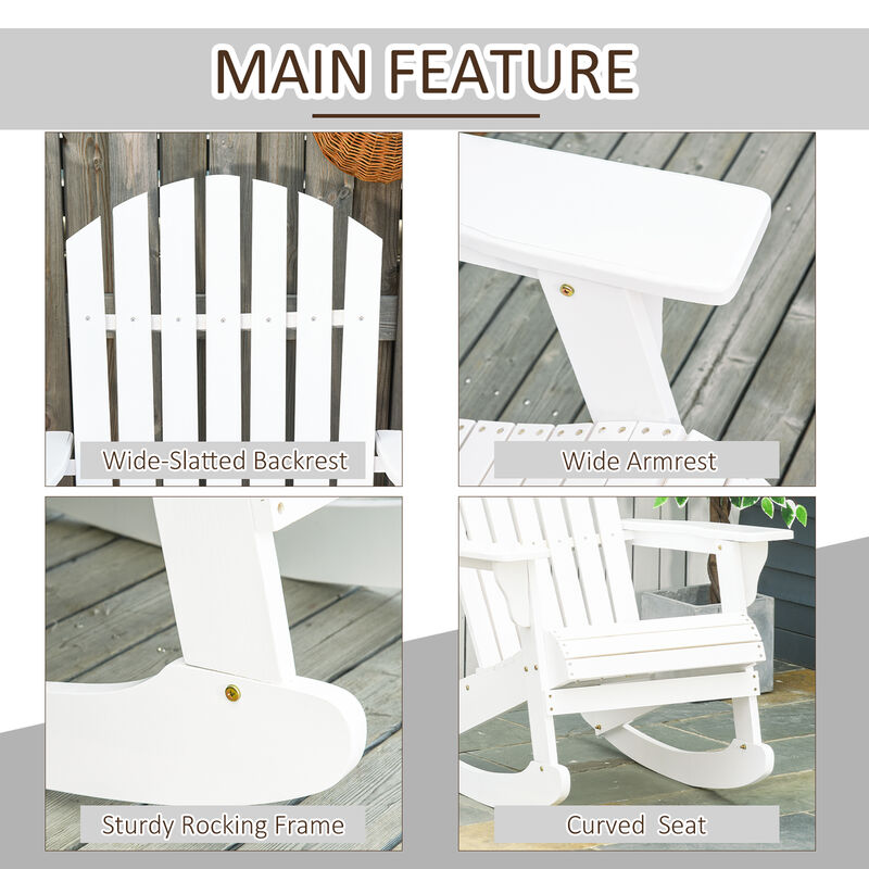 Outsunny Wooden Adirondack Rocking Chair Outdoor Lounge Chair Fire Pit Seating with Slatted Wooden Design, Fanned Back, & Classic Rustic Style for Patio, Backyard, Garden, Lawn, White