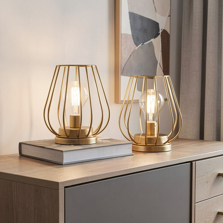 HomeRoots Set of Two 7" Gold Geometric Geometric Cage Cordless Desk Lamps