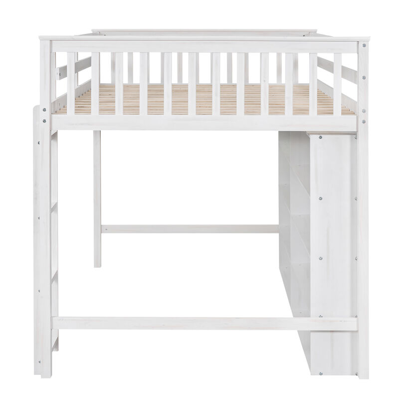 Whisen Full Size Loft Bed with Open Storage Shelves and Built-in Ladder - White
