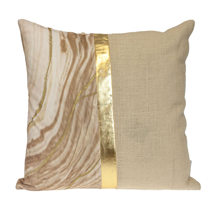 HomeRoots 20" Beige and Gold Striped Cotton Blend Throw Pillow
